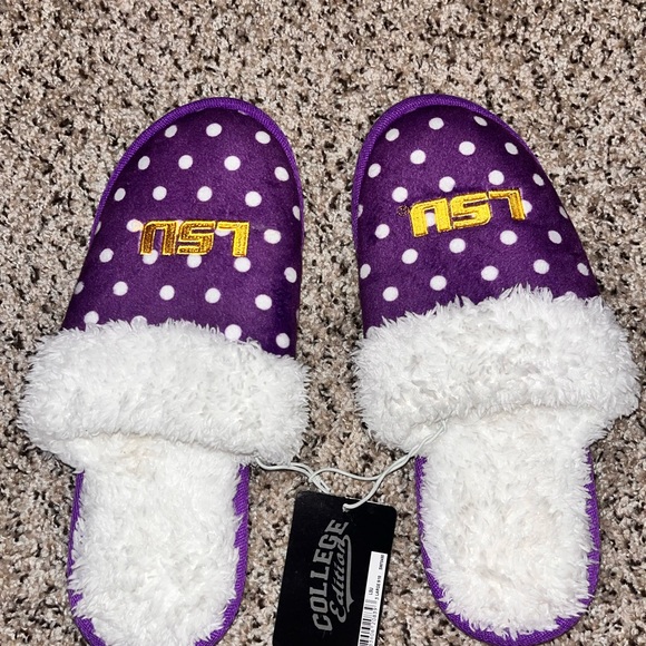 New w/tags LSU Purple and White home Slippers size large 9/10 polka dot tigers - Picture 2 of 10